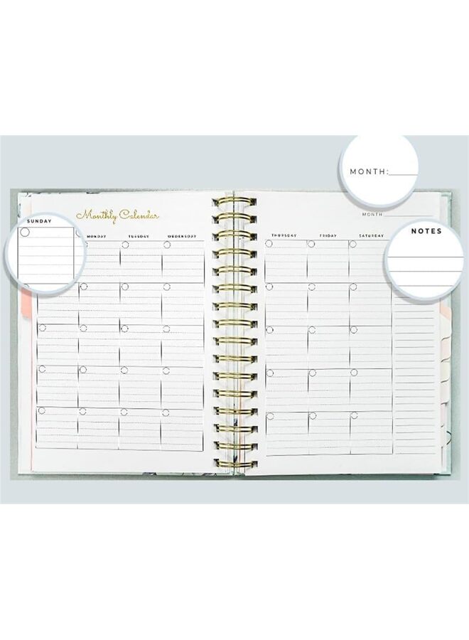 LAMAY Monthly Planner Notebook with Tabs, Undated A5 Hardcover Academic Spiral Notebook, Weekly & Daily Yearly, Flower Cover?Hourly Schedules Agenda Organizer, 8.75" x 7.25" - Image 5